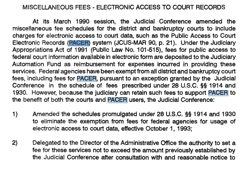 Screenshot of PACER fee changes